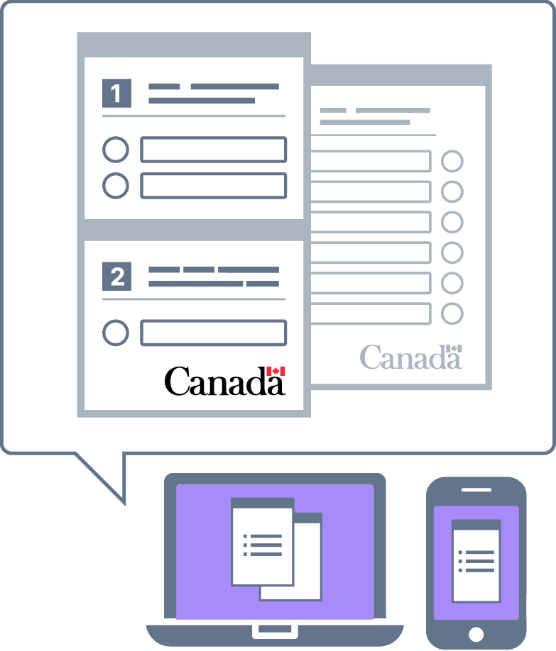 Illustration d’un ordinateur portable et d’un téléphone mobile avec des formulaires à l’écran et un appel qui montre les champs de saisie et le mot-symbole du gouvernement du Canada.