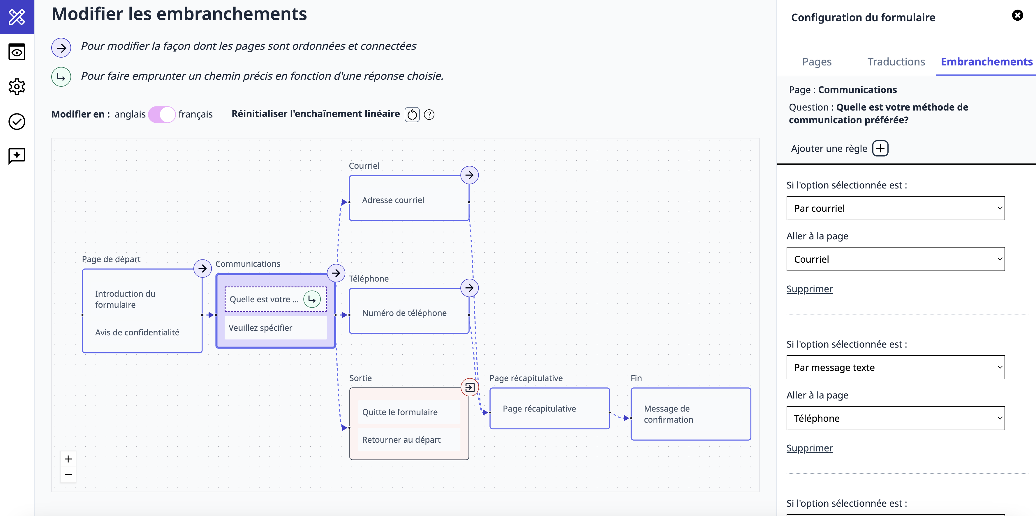 Capture d’écran de l’interface de Formulaire GC permettant de modifier un formulaire avec une logique d’embranchement. Une visualisation montre les différents enchaînements possibles ainsi qu’une page de sortie en cas d'inéligibilité.