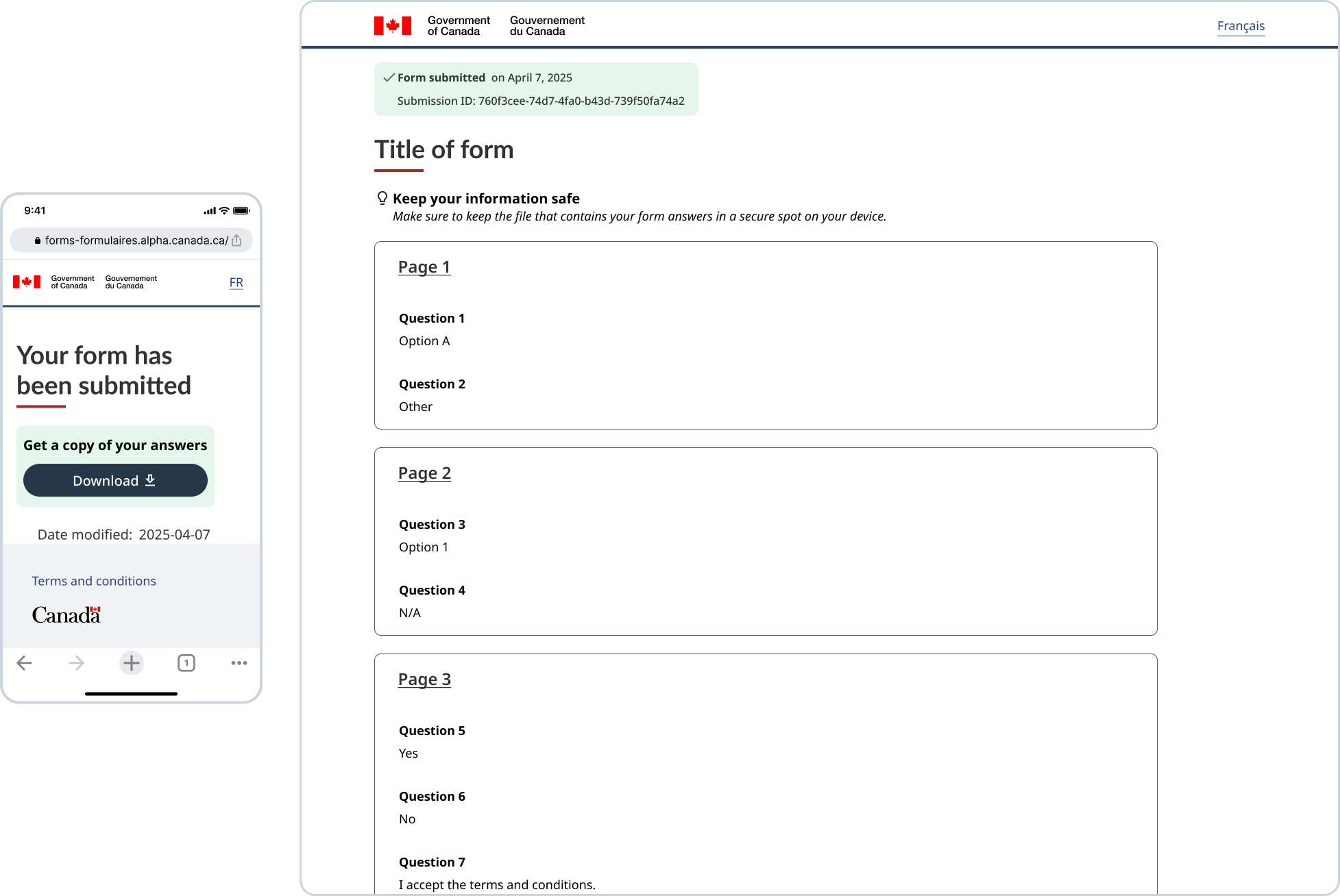 Screenshot of a confirmation page encountered once the form has been submitted and a screenshot of a the file with a copy of the answers that was downloaded containing what was submitted.
