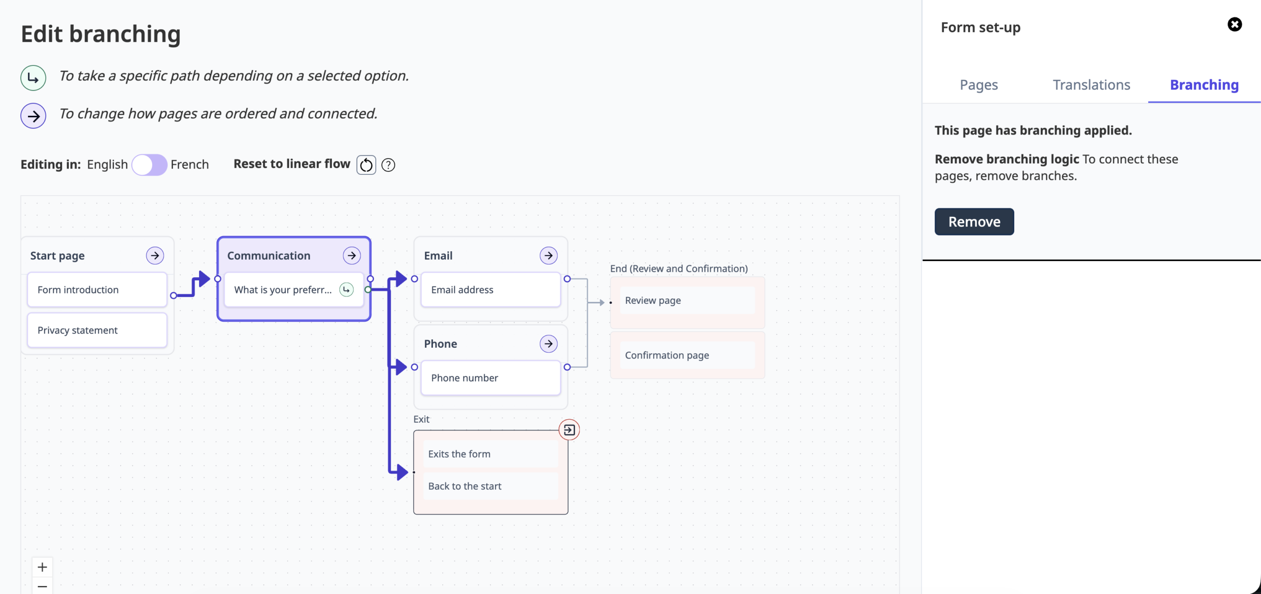 Screenshot of the GC Forms interface editing a form with branching logic. The visualization shows different paths someone might take depending if they answer email, phone, or opt out, which sends them to a separate exit page.