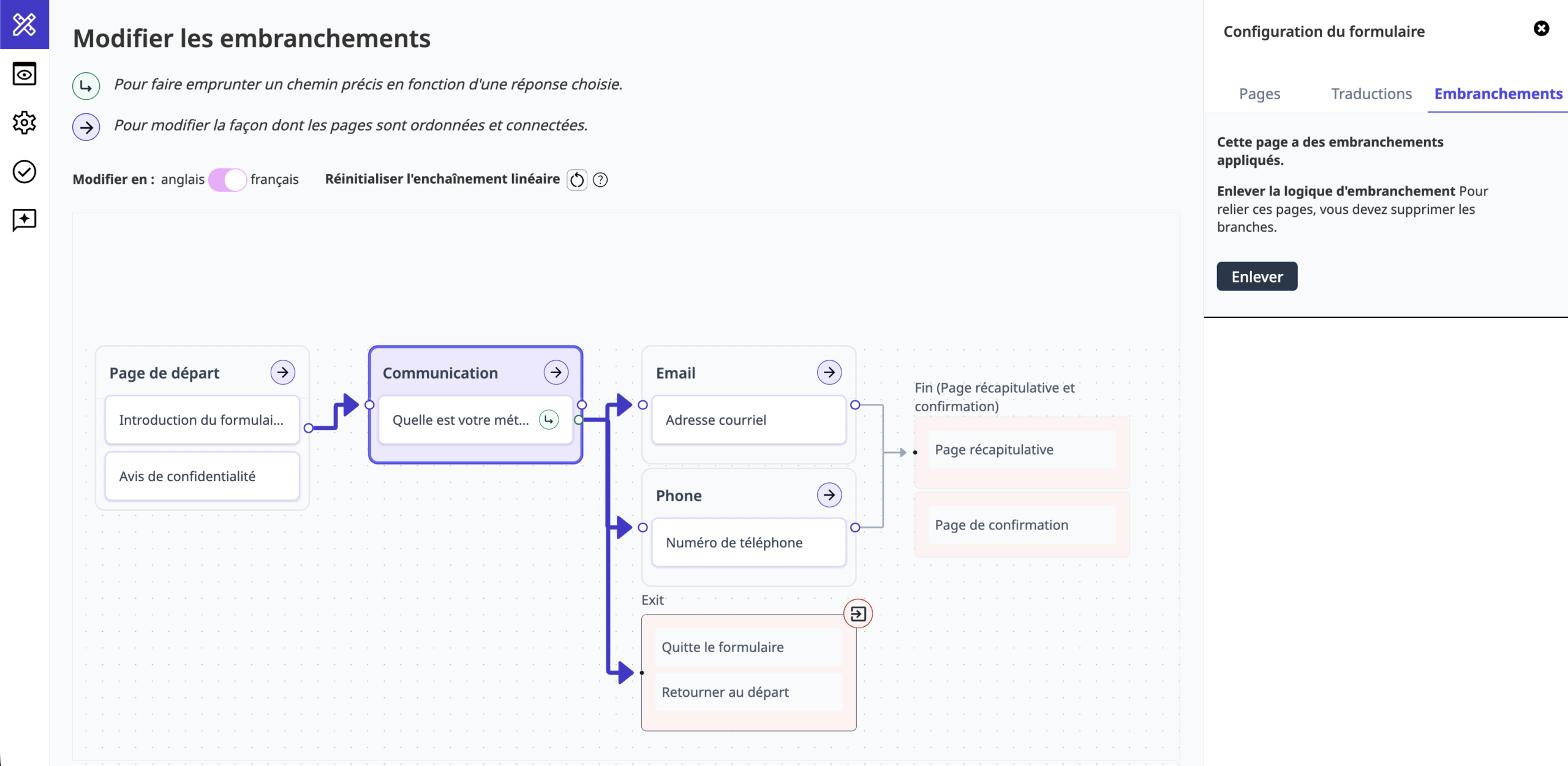 Capture d'écran de l'interface Formulaires GC permettant de modifier un formulaire avec une logique d'embranchement. La visualisation montre les différents chemins que l'utilisateur peut emprunter selon qu'il choisit de répondre par courriel, par téléphone ou de se désabonner, ce qui le redirige vers une page de sortie distincte.