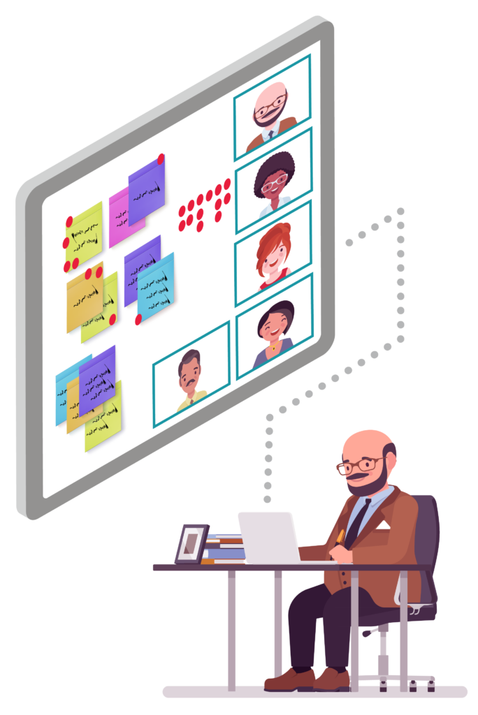 Cartoon man working on computer virtually with a team collaborating.