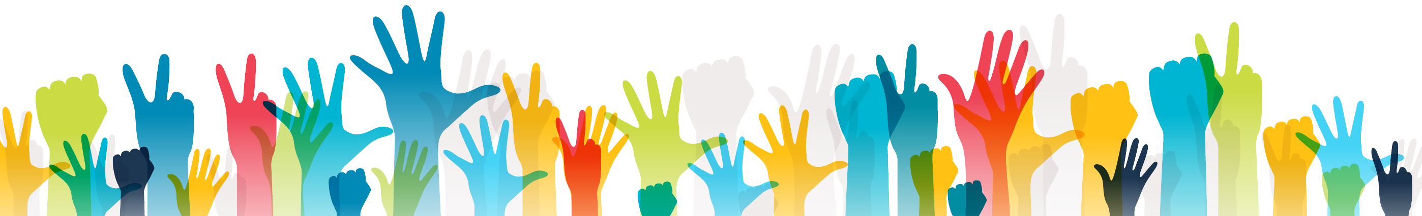 Hands up silhouettes, horizontal border. Decoration element from pink, green, yellow, and blue raised hands. Conceptual illustration for diversity and team.
