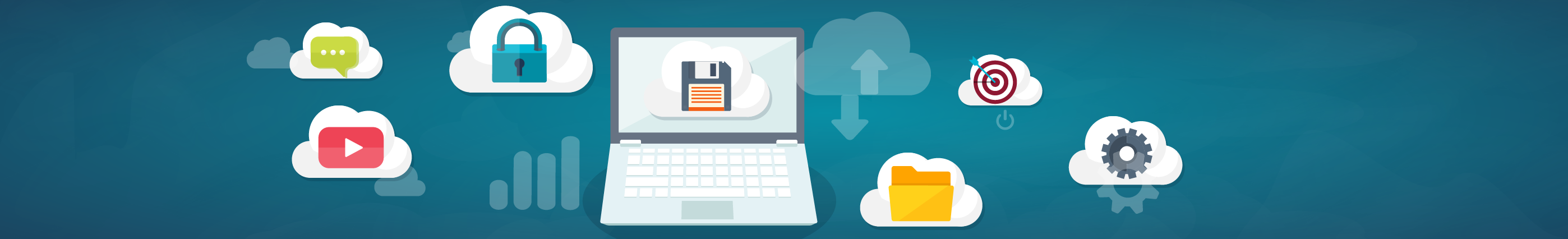 Cloud computing illustration: Data storage device, media server. Web hosting and cloud technology. Data protection, database security. Backup, copy, migrate data between cloud storage services.
