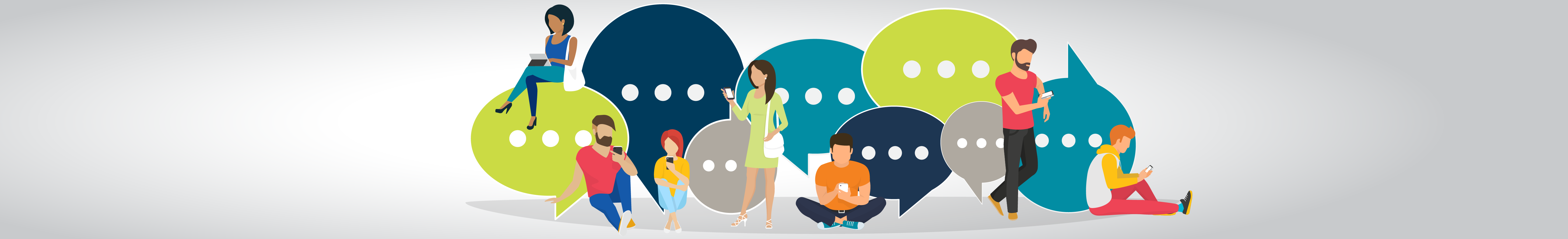 Speech bubbles for comment and reply concept. Illustration of men and women sitting on bubbles using mobile smartphone and tablets for texting and communicating on networks.