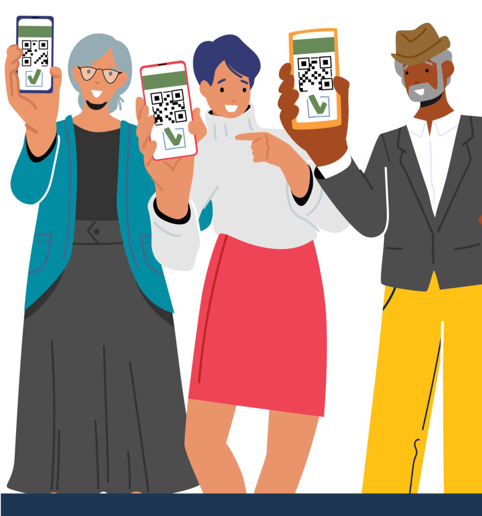 Young and Elderly Characters, People Show Certificates with Qr Code on Device Screen.
