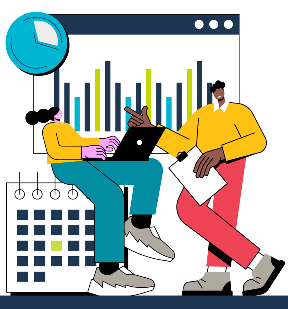 Business management concept, two people talking one sitting on a calendar and the other standing in front. The concept of tracking and reporting software, issues tracker.