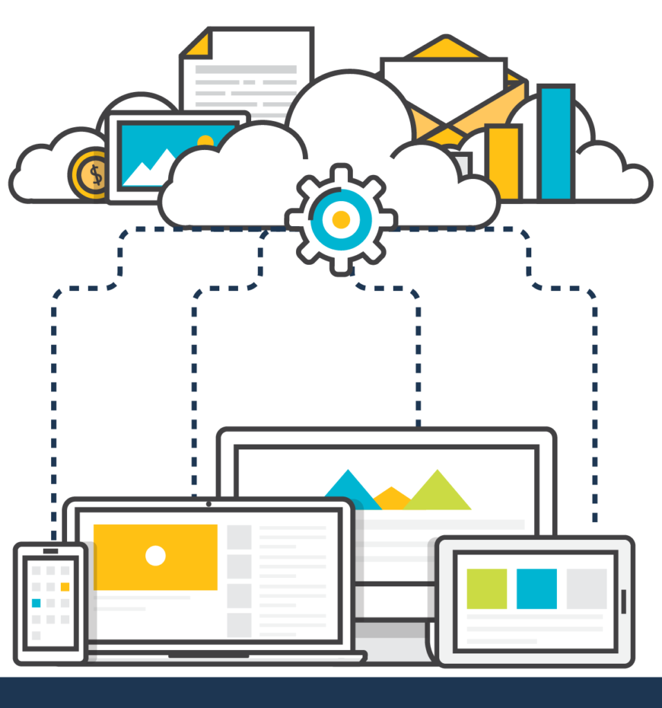Cloud computing concept, devices connected through cloud services, computing services, technology, and data storage. 
