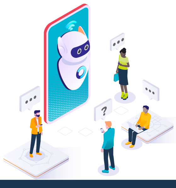 Vector isometric illustration of men and women chatting with chatbot application, AI and business IOT concept.