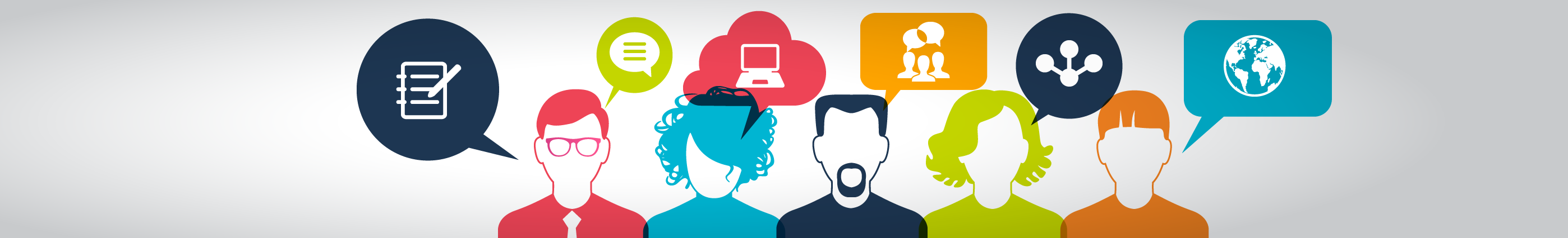 Concept of people communicate in a global network. Icons of people with speech bubbles, clouds and Interface icons.
