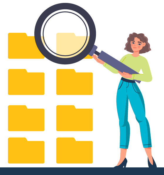 File management concept. Woman with magnifying glass examines folders on monitor screen. Electronic archive or repository. Working with information and data.