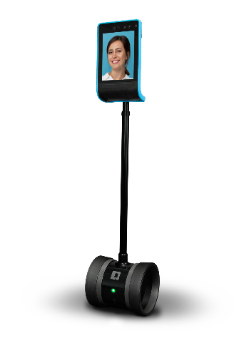 A woman's face is displayed on a telepresence robot - A camera and display, similar in form factor to a tablet computer, are mounted on the end of a post connected to a set of self-balancing, motorized, wheels.