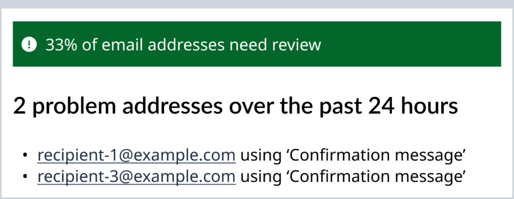 An example listing 2 problem addresses over the past 24 hours. The addresses can be used as links to more information.