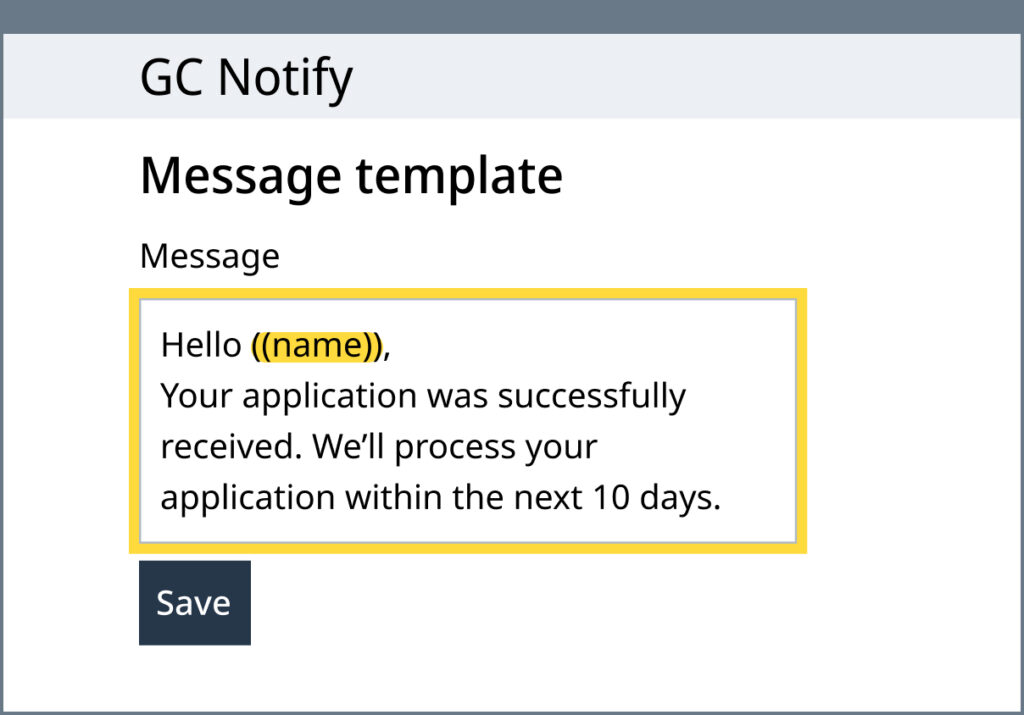 A reusable email with variables highlighted for custom content.
