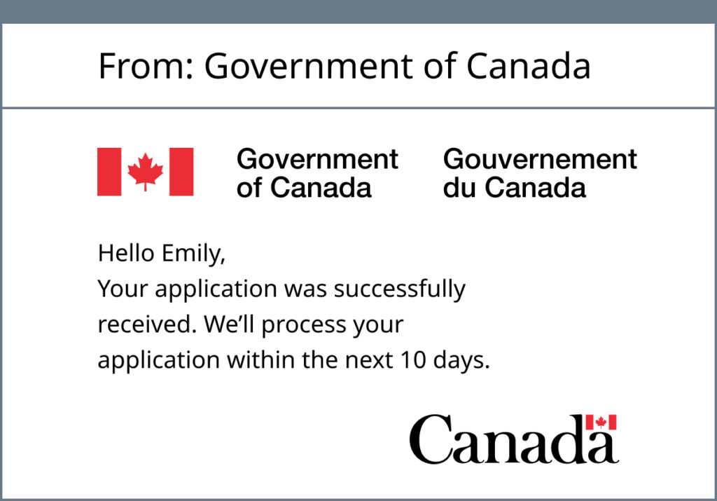 An email displays sender information and official symbols of the Government of Canada in English and French.
