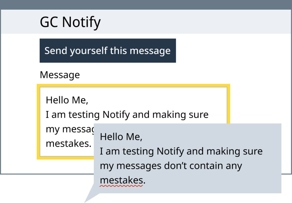 A button to "Send yourself this message", then a message followed by a chat bubble showing the message with a spelling mistake underlined in red.