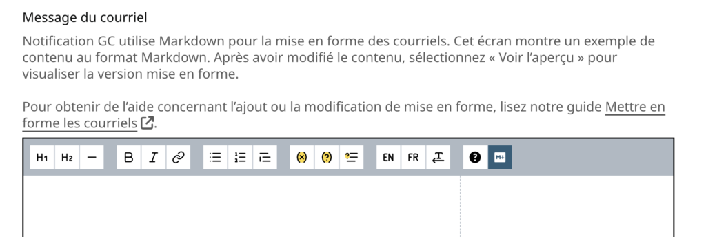 Len champ de texte pour écrire un courriel permet désormais d'ajouter des titres, liens et listes via une barre d'outils interactive.