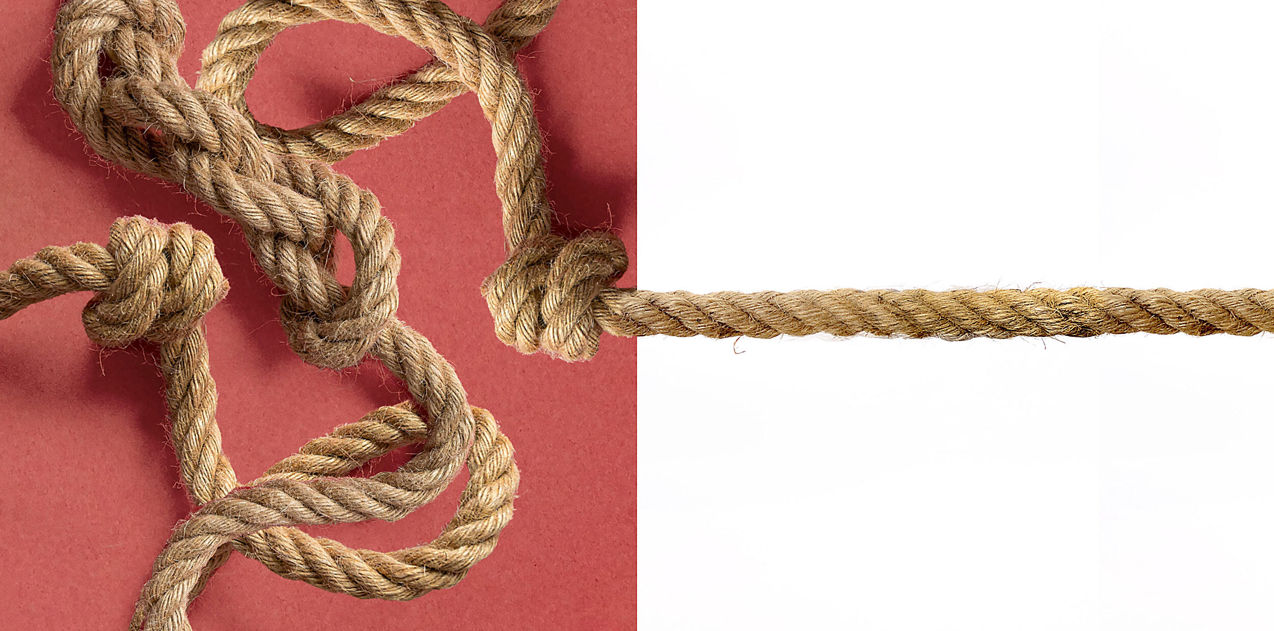 A visual representation of simplifying the complex. A tangled rope adjacent to a rope free of knots.