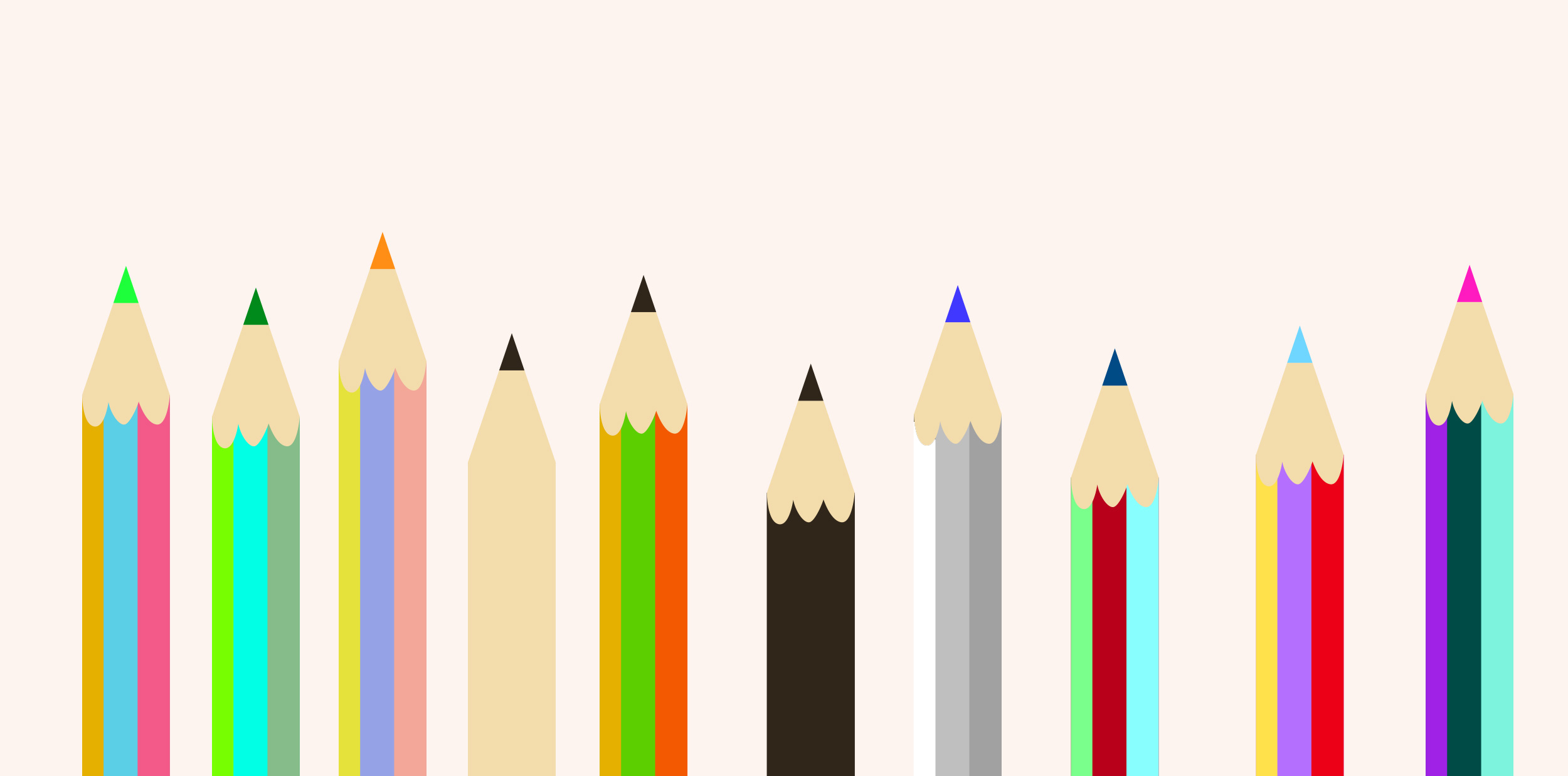 An illustration of a row of multicoloured pencils, to represent inclusive writing.