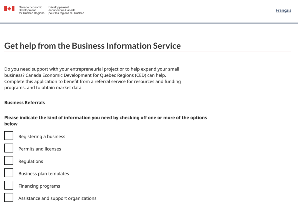 CED’s online form has their corporate signature and GC branding. It can be toggled between EN and FR forms and provides guidance for answering questions.