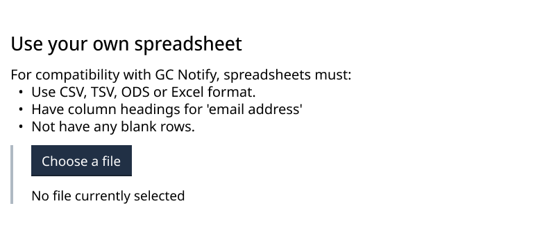 Screenshot of the current “Choose a file” feature for uploading spreadsheets in GC Notify. There’s a blue rectangle with white text that’s now coded as a button (but looks visually the same).