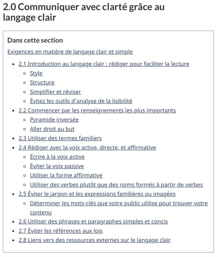 Capture d’écran de la nouvelle table des matières de la section sur le langage clair. Le contenu y est maintenant exhaustif et facile à parcourir. 