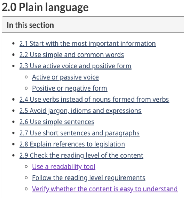 Screenshot of the previous plain language table of contents. The content wasn't easy to navigate.