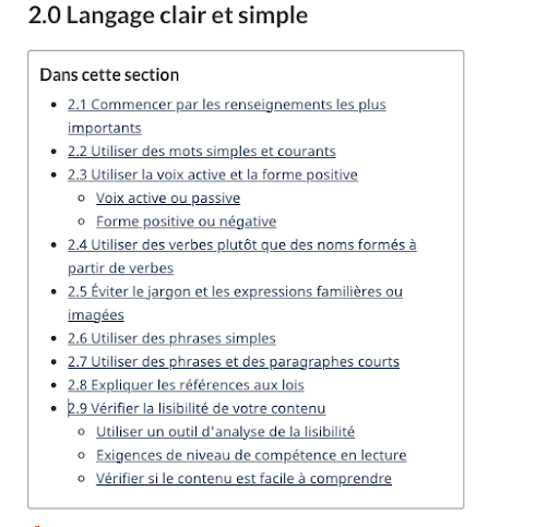 Capture d’écran de l’ancienne table des matières de la section sur le langage clair. Peu de son contenu était facile à parcourir.