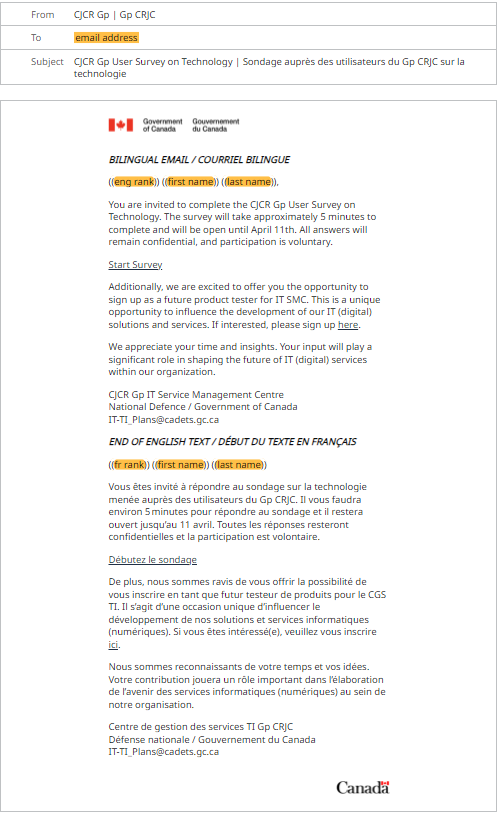 Capture d’écran d’un gabarit de courriel bilingue relatif au programme des Cadets dans Notification GC. Le gabarit contient des champs réservés que la feuille de calcul remplit en fonction de l’identité du contact (rang, prénom et nom). Un lien hypertexte dirigé les destinataires vers le sondage Formulaires GC.