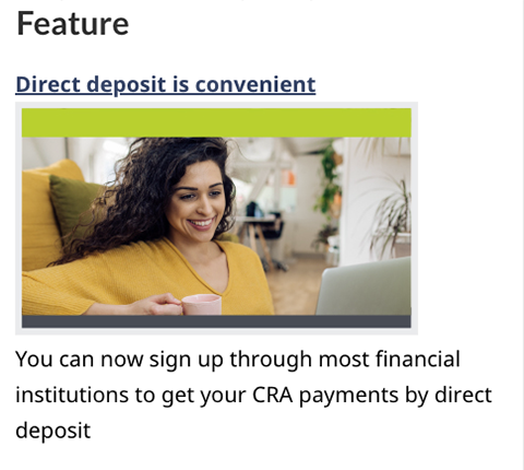 A mock section of a Canada.ca web page for direct deposits showing a stock image of a woman.