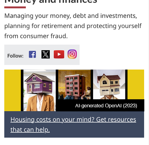 A screenshot of a mock Canada.ca page with an image of 3 people with buildings for heads. There’s a citation on the image reading “AI-generated OpenAI (2023)”.