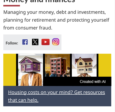 A screenshot of a mock Canada.ca page with an image of 3 people with buildings for heads with a box in the bottom right corner reading “Created with AI”.