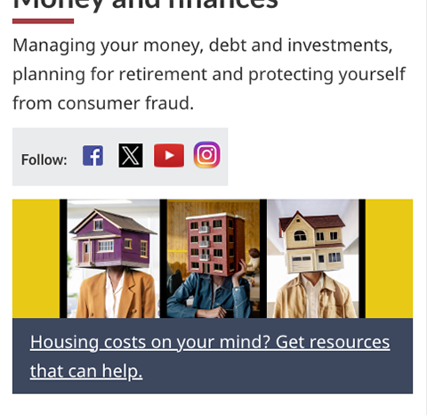 A screenshot of a mock Canada.ca page about money management with an image of 3 people with buildings for heads not created by AI.