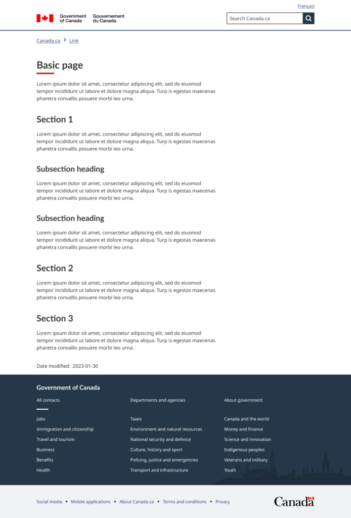 Screenshot of basic page template. Core patterns Header, Footer, Headings, Grid, Spacing, and Typography are conveniently set up, so you only need to modify the content.