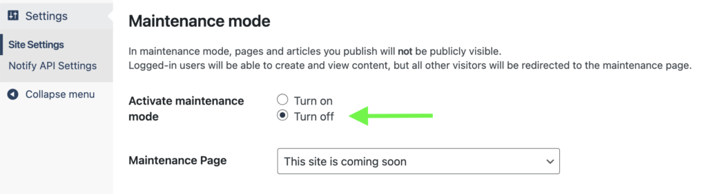 A screenshot of an option to turn GC Articles’ maintenance mode on or off, accessed through “Site Settings”.