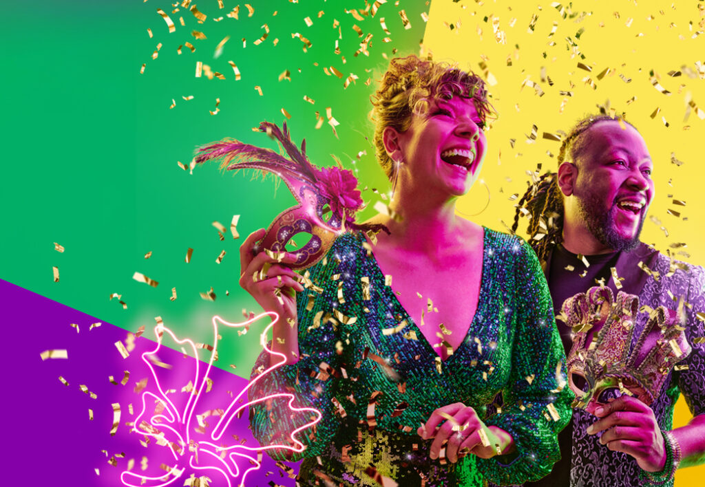 A promotional image of the 25th edition of Les Rendez-vous de la Francophonie (RVF) depicting two people smiling and holding masquerade masks with confetti falling around them.