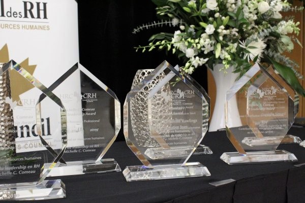 An image of glass trophies on a black table with a white flower vase.