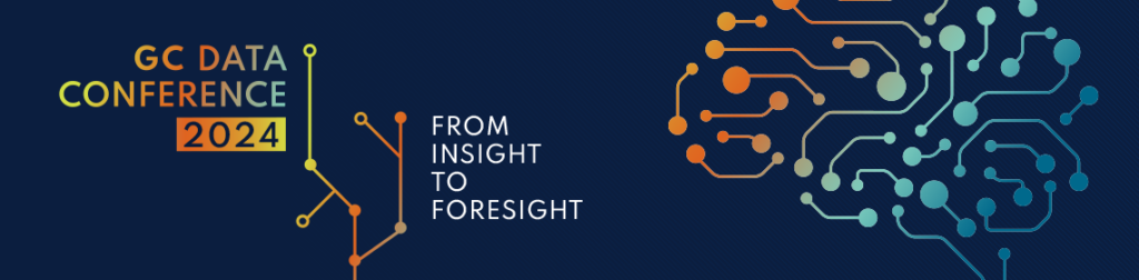 English horizontal banner featuring a gradient of vibrant colours from orange to blue. There is a graphic of a brain on the right side of the banner that is made up of dots connected by lines representing data points.

English text:

GC Data Conference 2024

From Insight to Foresight
