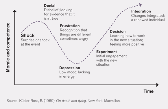 The change curve process over time in a line graph. A line and arrow on the far left indicates morale and competence. A line on the bottom indicates time. There is a dotted arrow showing peaks and valleys of morale and competence over time as we move through a change.