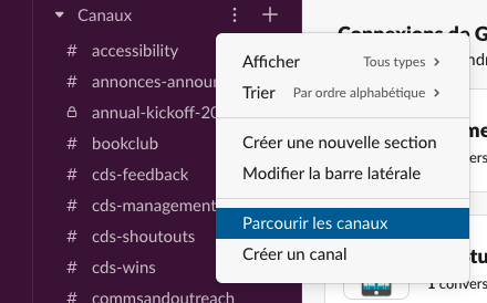 capture d'écran parcourir canaux Slack